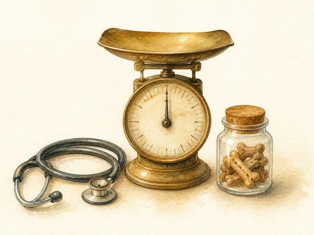 Painted kitchen scale, stethoscope and a jar of treats