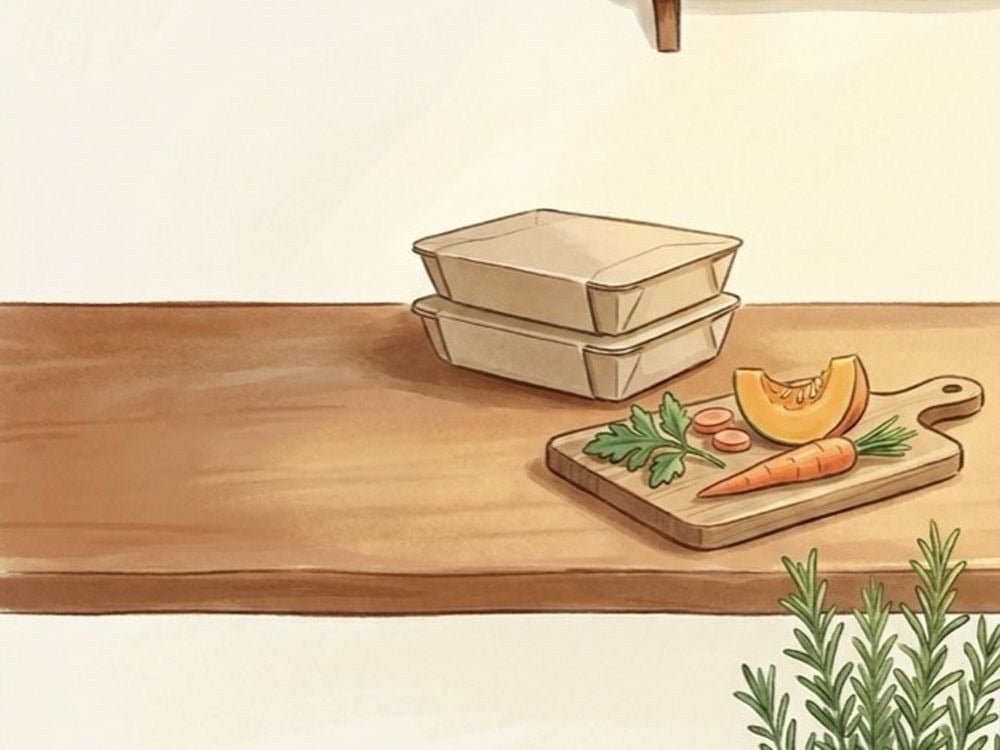 Painted bench with carrot, pumpkin and herbs on a board, a bowl on the floor below