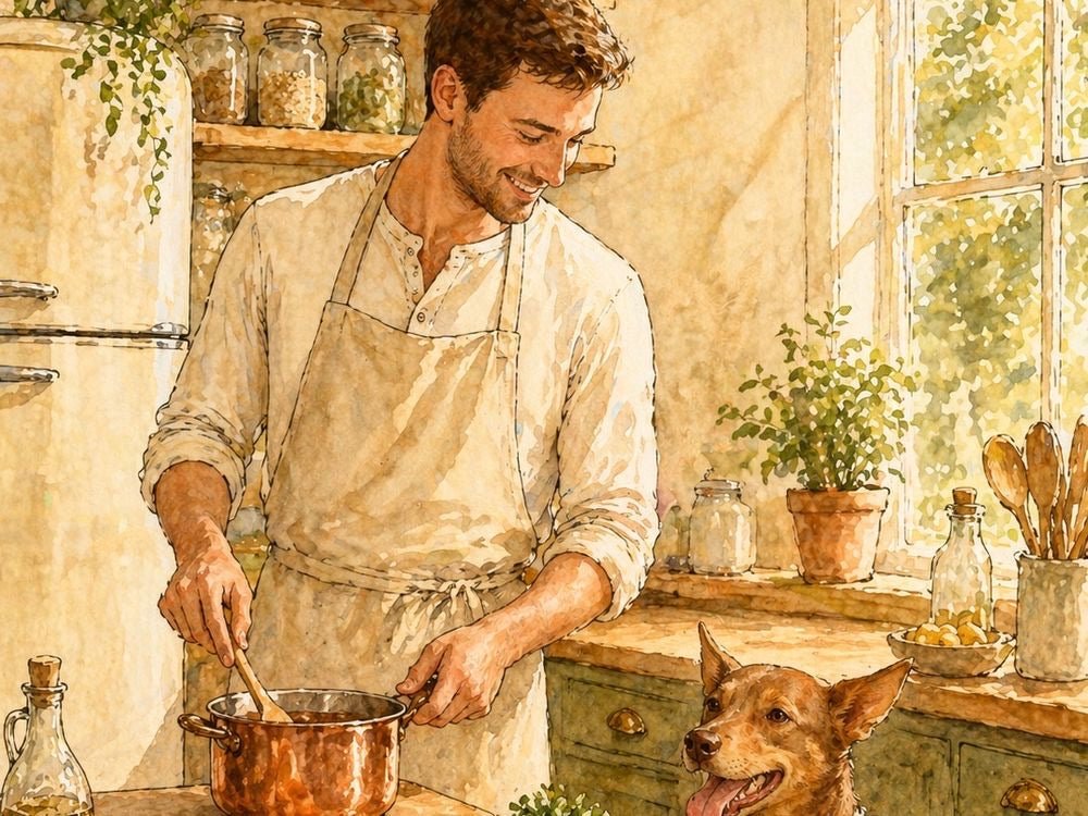 Painted kitchen where a chef stirs a pot and a red dog sits beside the bench