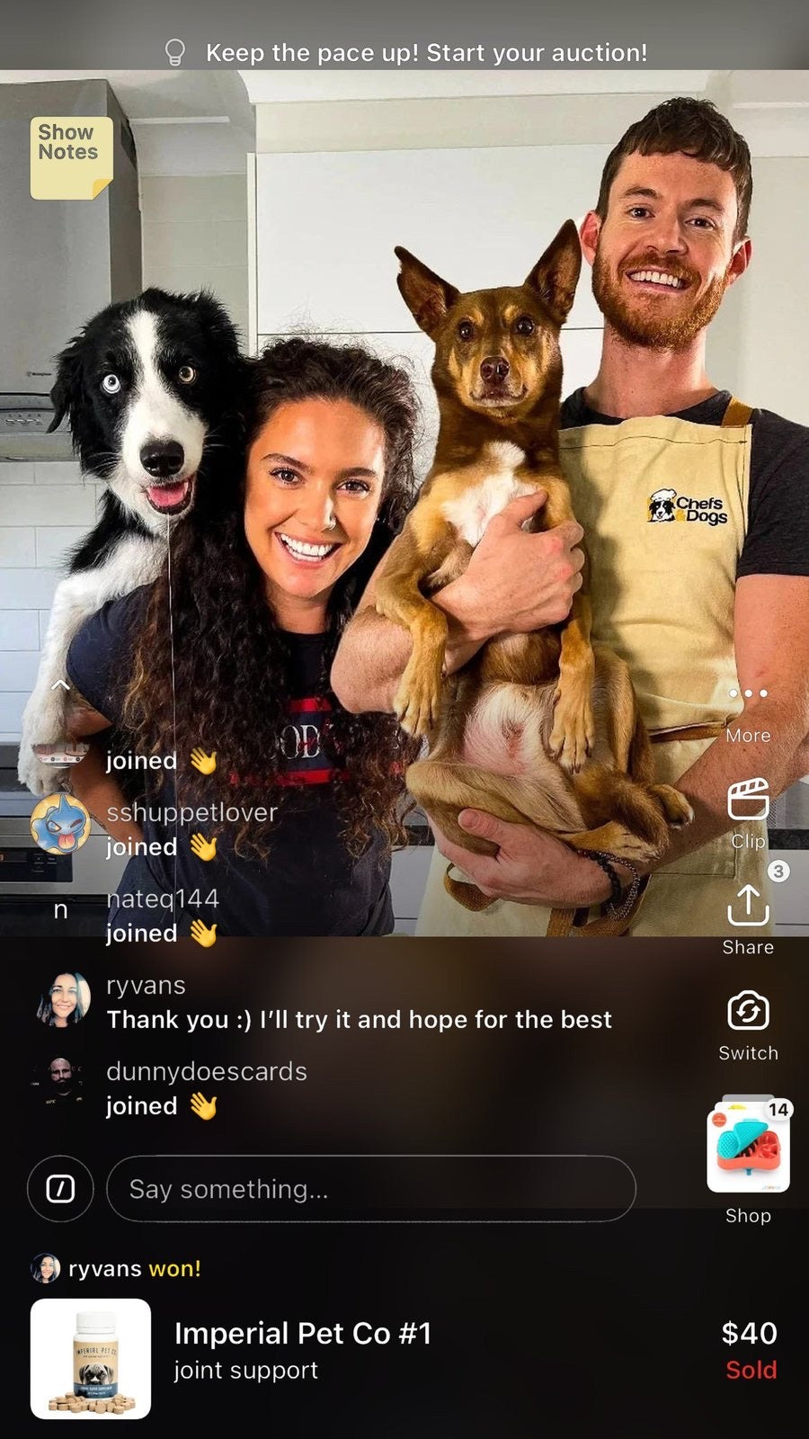 Dan, Courtney, Joey and Caelan on a Chefs and Dogs live, the chat beside them and the jar just sold